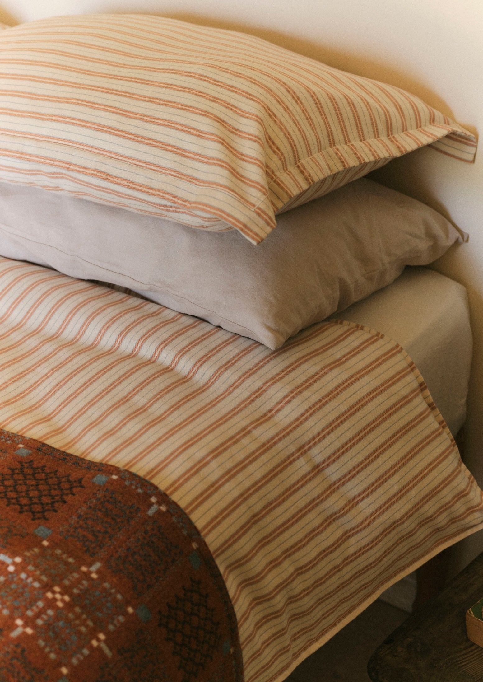 Ines Flannel Stripe Cotton Oxford Pillowcase Set | Apricot/Soft Blue
