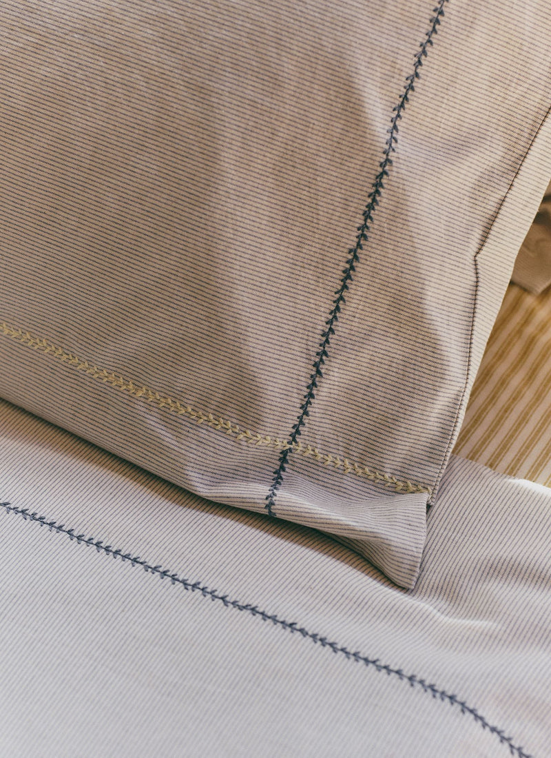 Fine Stripe Cotton Duvet Cover | Ecru/Smoke Blue