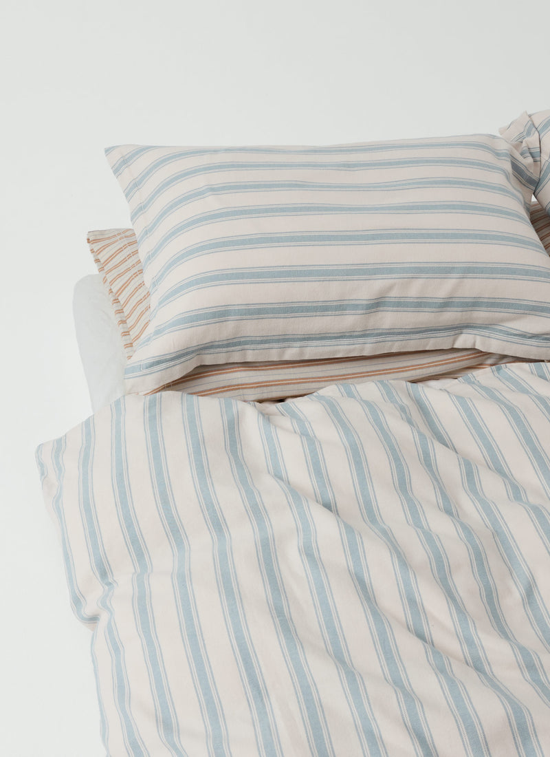 Fjord Stripe Cotton Flannel Oxford Pillowcase Set | Washed Blue/Ecru