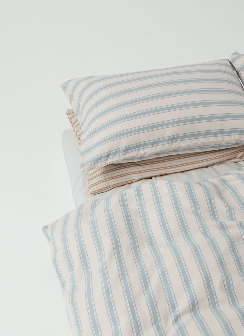 Fjord Stripe Cotton Flannel Duvet Cover | Washed Blue/Ecru