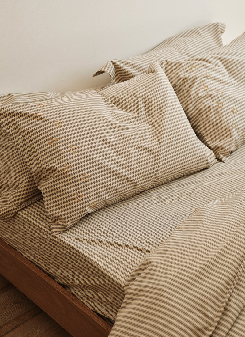 Ticking Stripe Cotton Embroidered Housewife Pillowcase | Ecru/Graphite