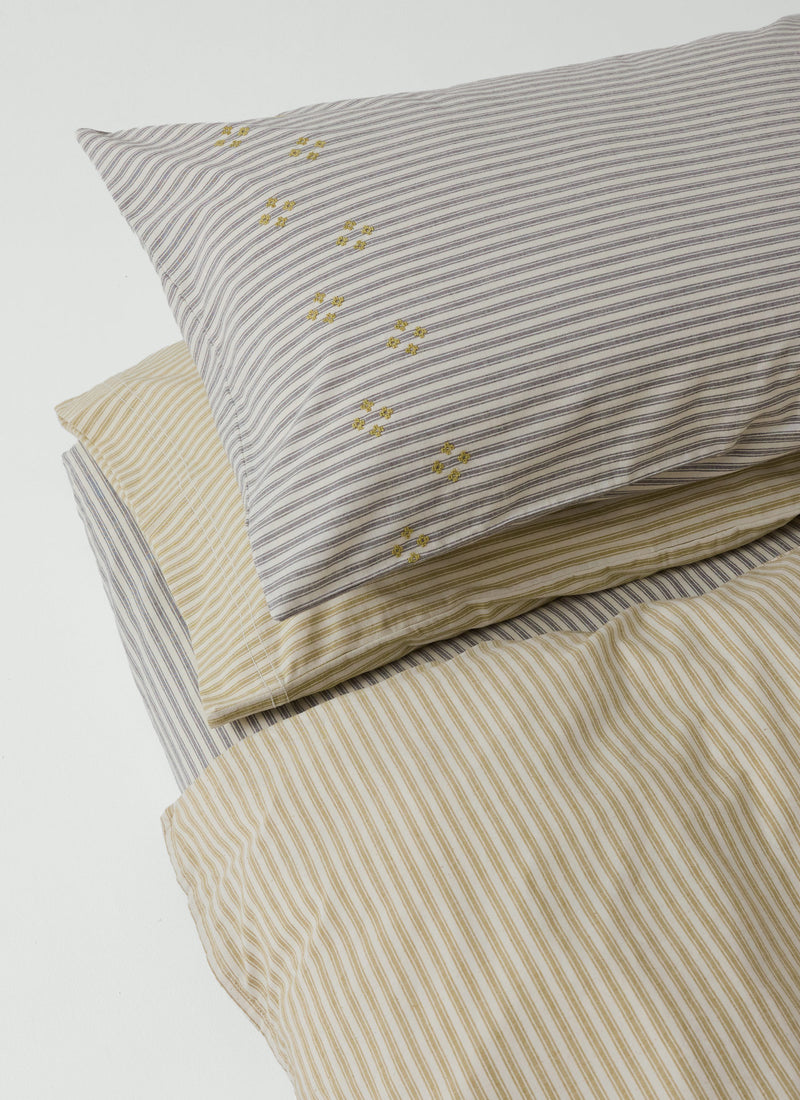 Ticking Stripe Cotton Embroidered Housewife Pillowcase | Ecru/Graphite