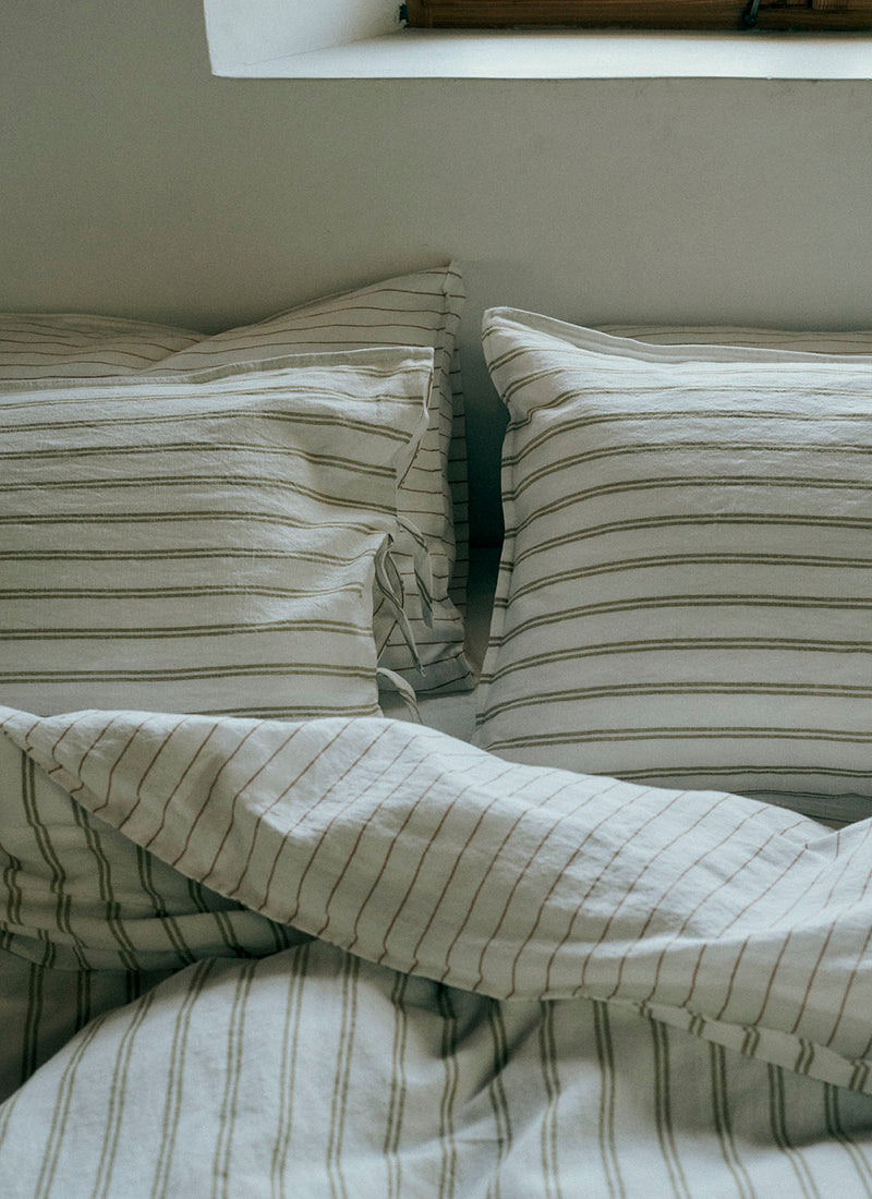 Mina Stripe Linen Cotton Side Tie Pillowcase Set | Ivory/Olive