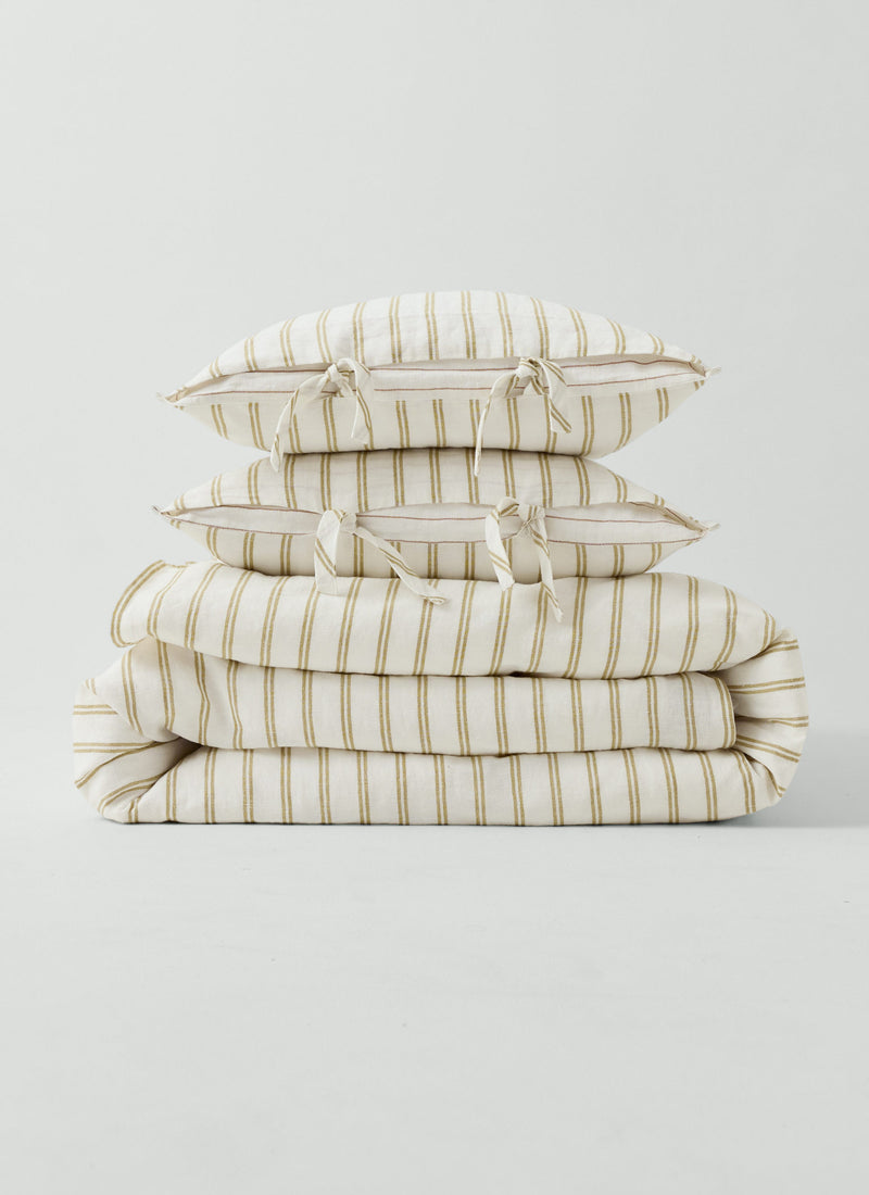 Mina Stripe Linen Cotton Side Tie Pillowcase Set | Ivory/Olive