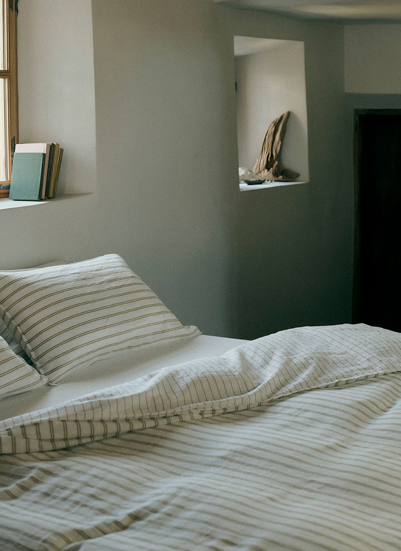 Mina Stripe Linen Cotton Duvet Cover | Ivory/Olive/Caramel