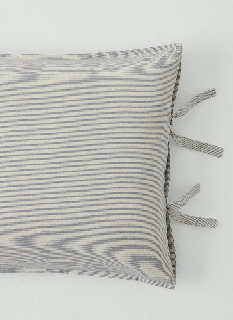 Fine Stripe Cotton Side Tie Pillowcase Set | Ecru/Smoke Blue