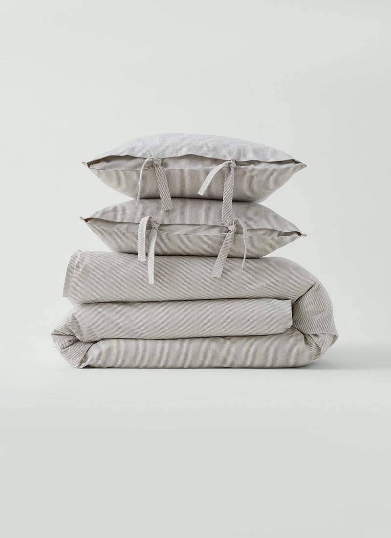 Fine Stripe Cotton Side Tie Pillowcase Set | Ecru/Smoke Blue
