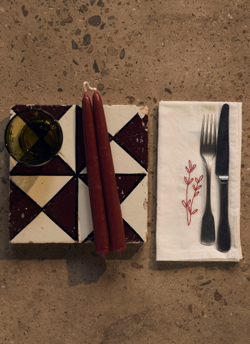 Embroidered Sprig Cotton Linen Napkin | Ecru/Red Clay