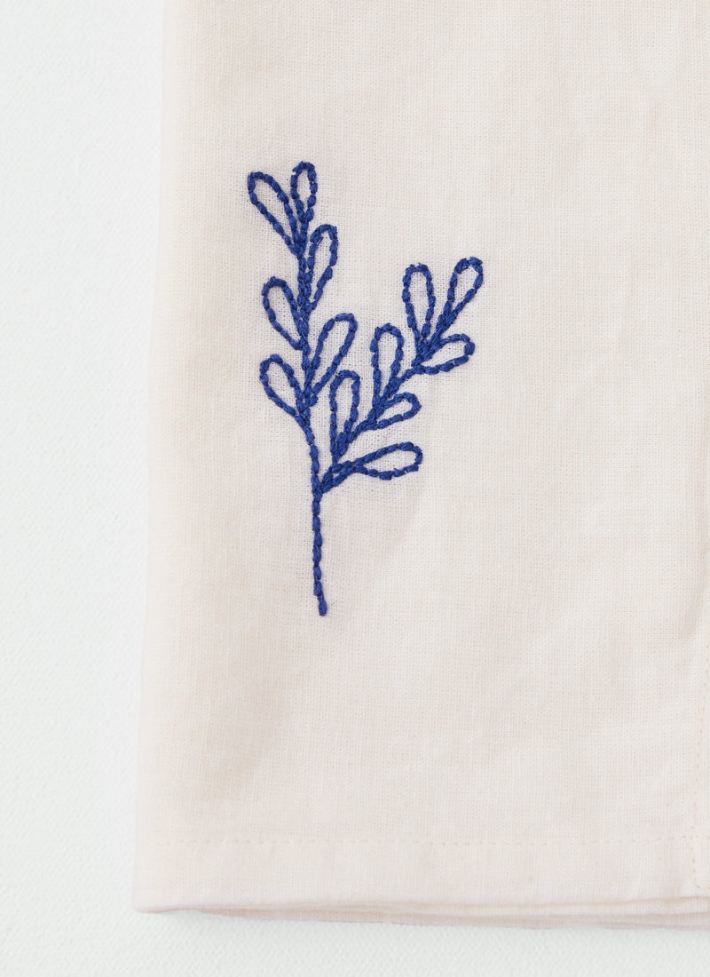 Embroidered Sprig Cotton Linen Napkin | Ecru/Blue