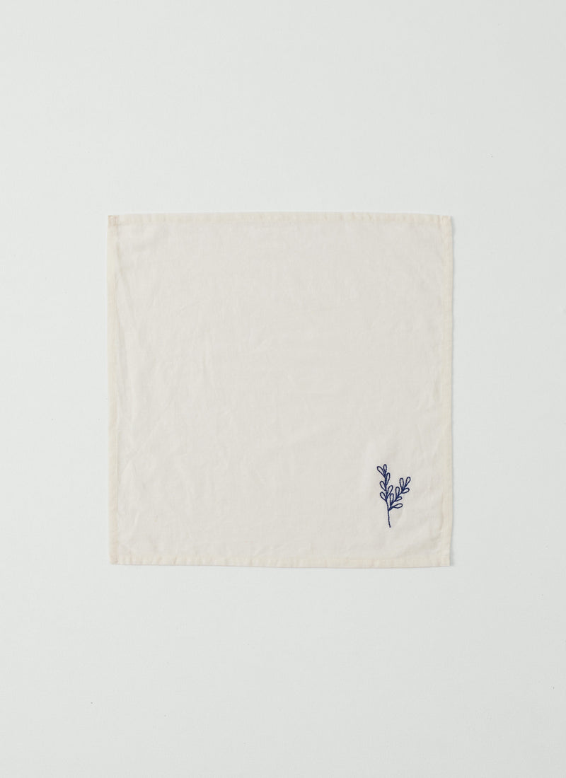 Embroidered Sprig Cotton Linen Napkin | Ecru/Blue