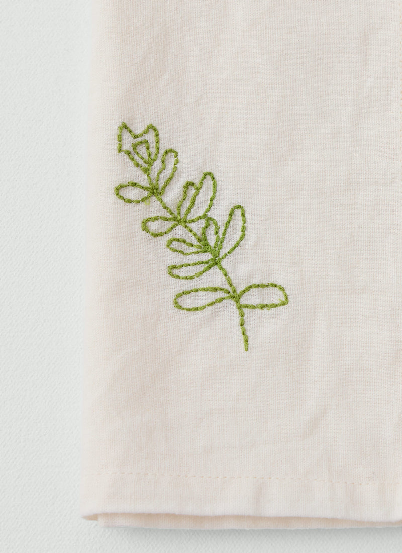 Embroidered Sprig Cotton Linen Napkin | Ecru/Green