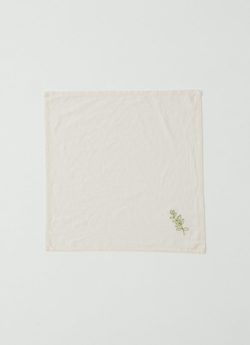 Embroidered Sprig Cotton Linen Napkin | Ecru/Green