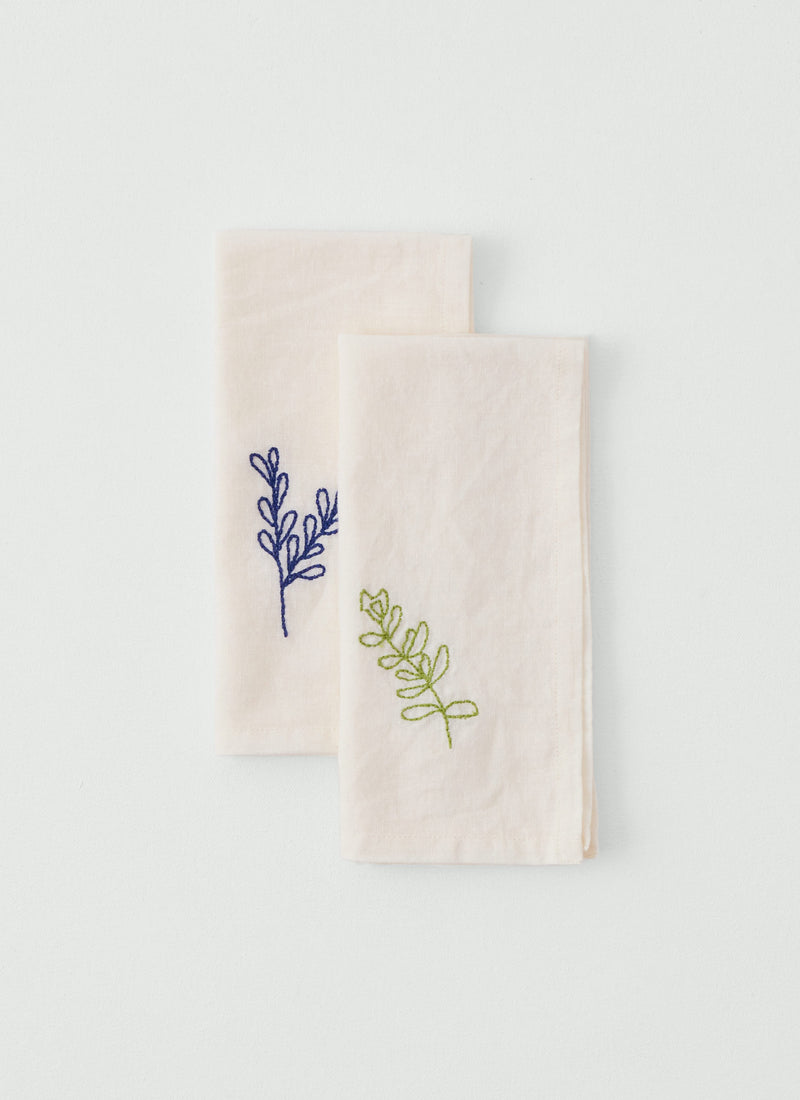 Embroidered Sprig Cotton Linen Napkin | Ecru/Green