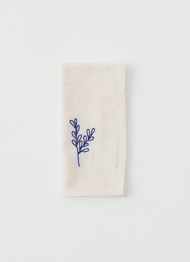 Embroidered Sprig Cotton Linen Napkin | Ecru/Blue