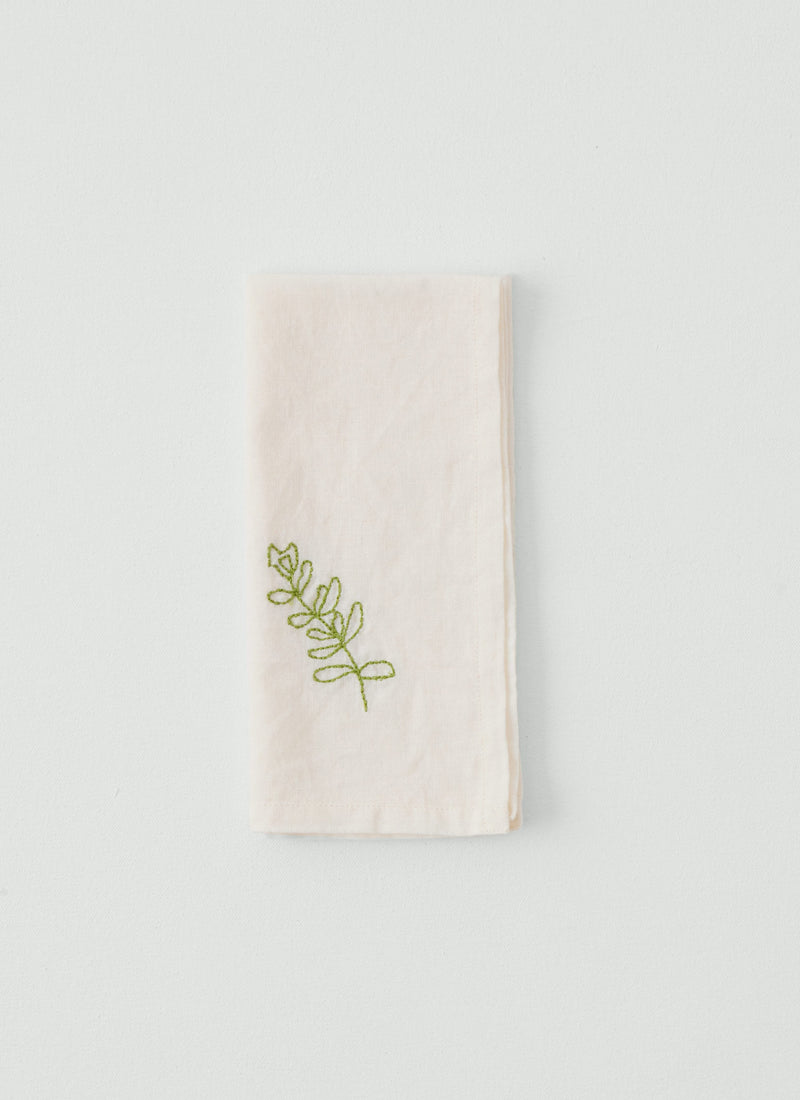 Embroidered Sprig Cotton Linen Napkin | Ecru/Green