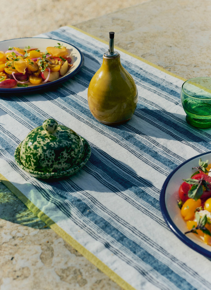Chef Stripe Linen Tablecloth | Ecru/Multi Blue
