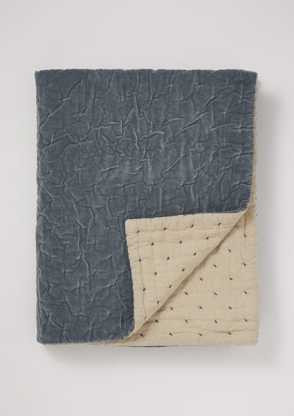 Hand Quilted Velvet Throw Mineral Blue Natural
