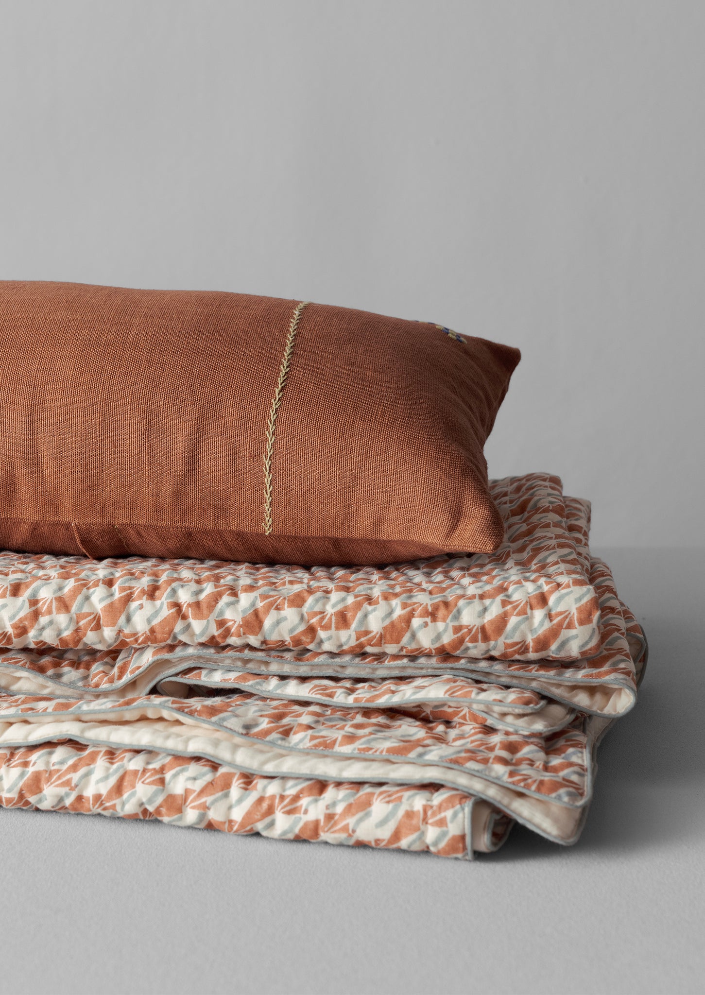 Arc Block Print Cotton Quilt | Russet Orange/Sage