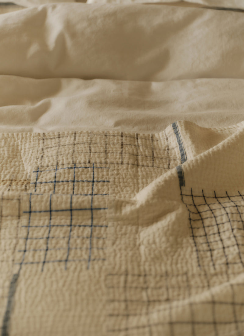 Tea Towel Check Patchwork Bedspread | Ecru/Multi