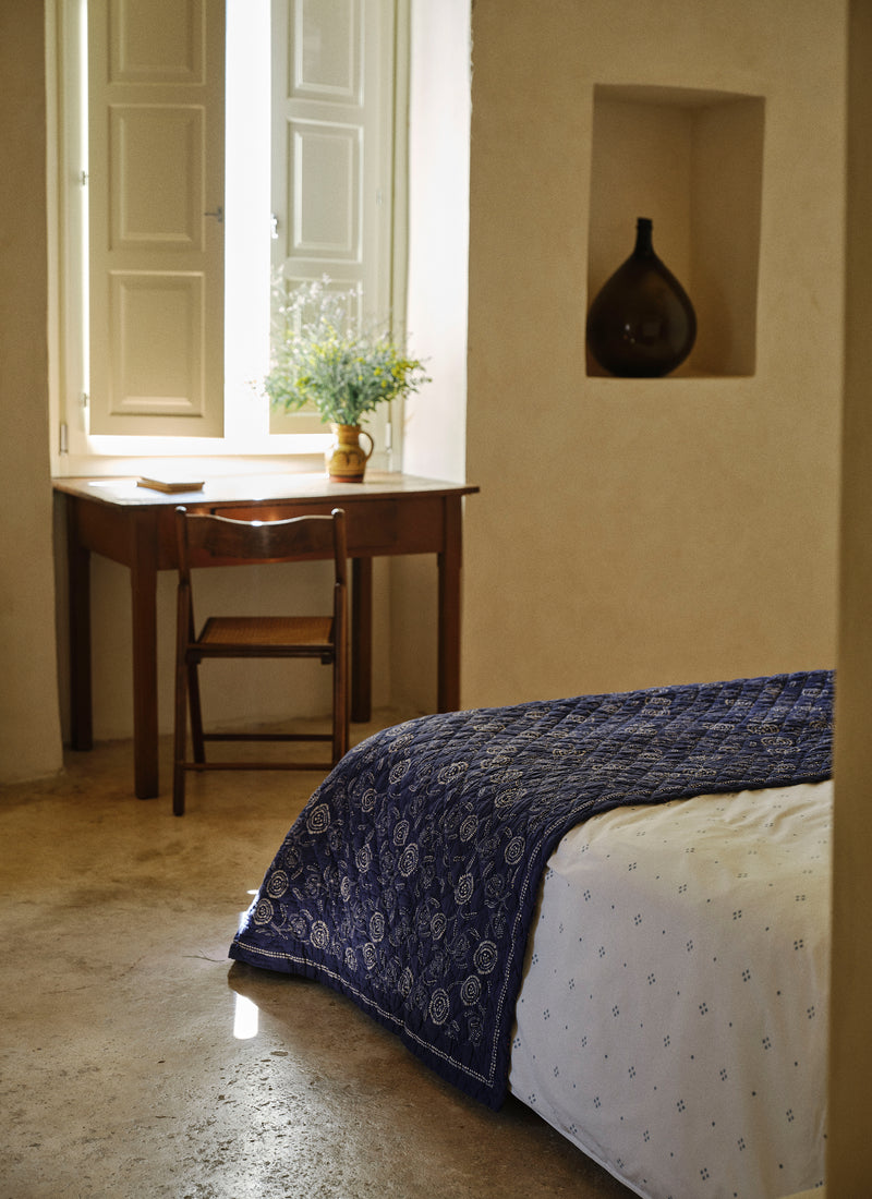 Rowan Print Cotton Poplin Duvet Cover | Ecru/Soft Blue