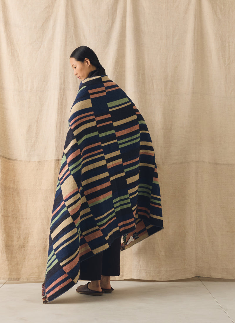 Bristol Weaving Mill Block Stripe Blanket | Deep Blue/Fern