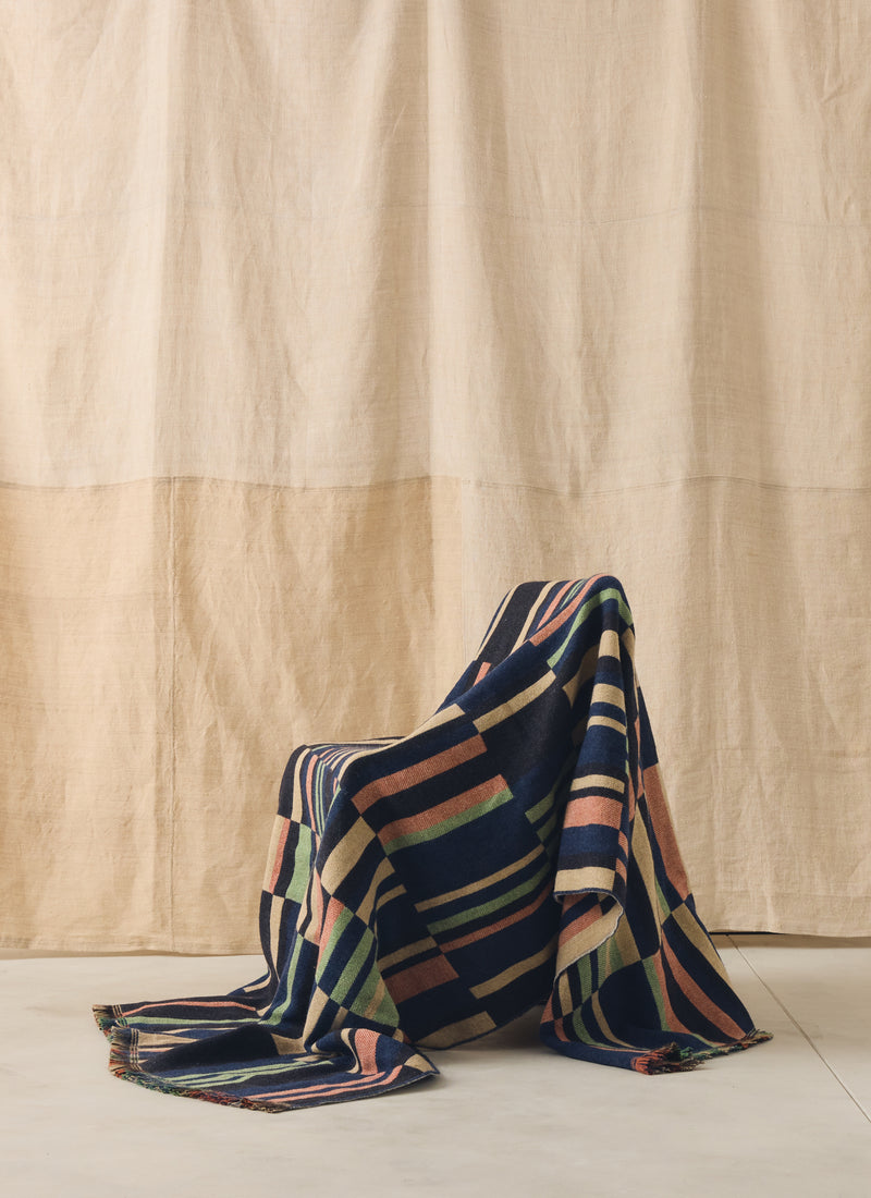 Bristol Weaving Mill Block Stripe Blanket | Deep Blue/Fern