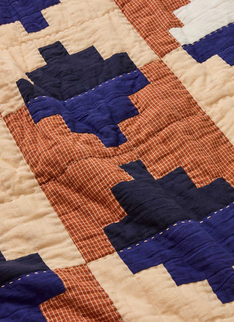 Folk Cotton Patchwork Quilt | Cornflower Blue/Terracotta
