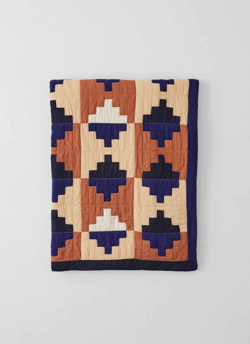 Folk Cotton Patchwork Quilt | Cornflower Blue/Terracotta