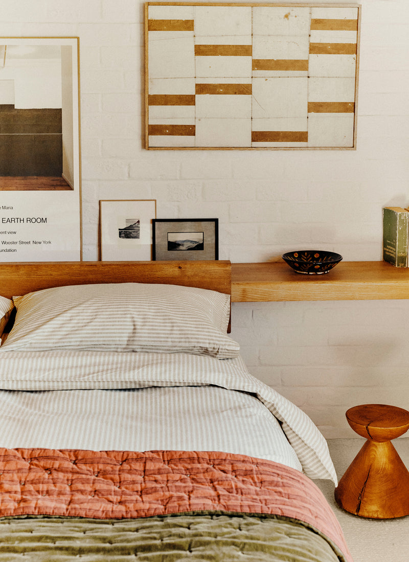 Stripe Back Cotton Velvet Quilt | Golden Olive/Burnt Ginger