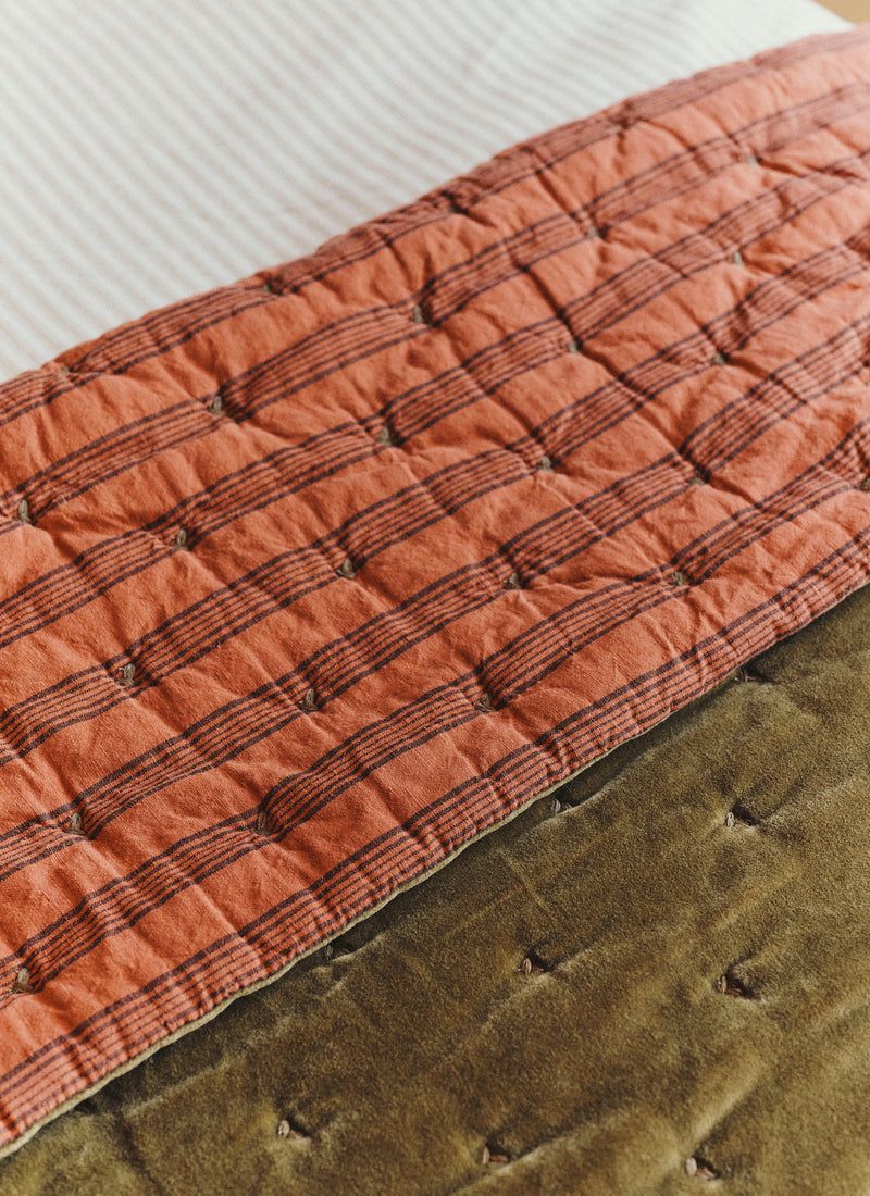 Stripe Back Cotton Velvet Quilt | Golden Olive/Burnt Ginger