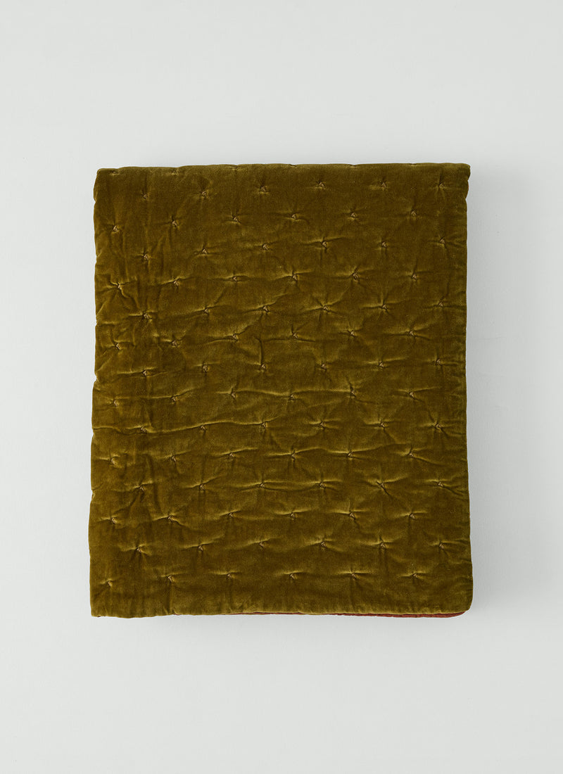 Stripe Back Cotton Velvet Quilt | Golden Olive/Burnt Ginger
