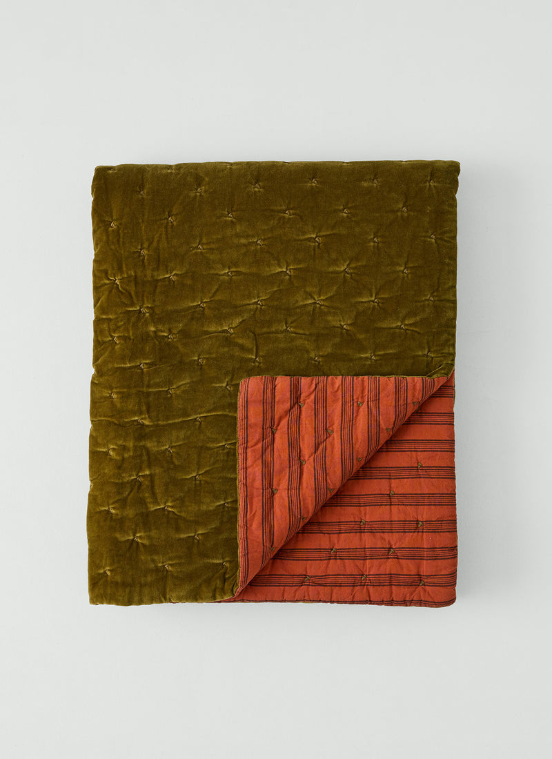 Stripe Back Cotton Velvet Quilt | Golden Olive/Burnt Ginger