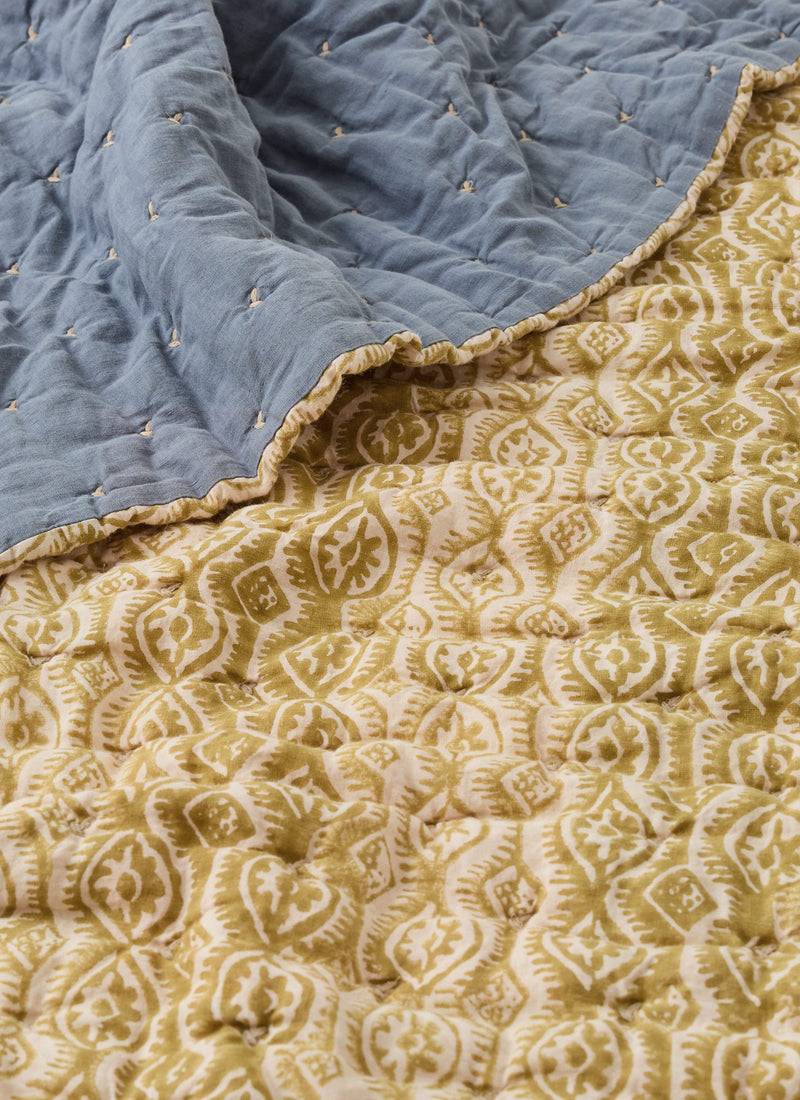 Peggy Angus Small Damask Block Print Quilt | Flax/Dusk Blue