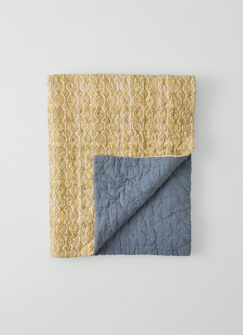 Peggy Angus Small Damask Block Print Quilt | Flax/Dusk Blue