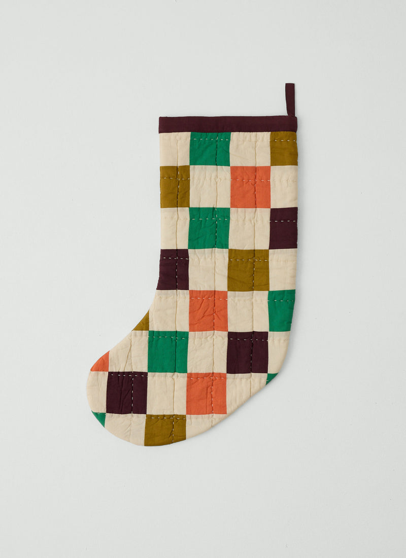 Checkerboard Patchwork Christmas Stocking | Ecru/Mulberry/Jade