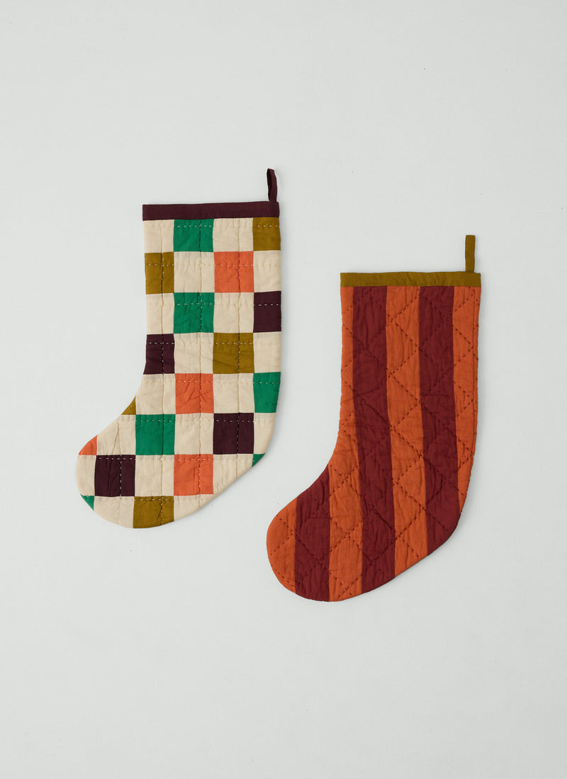 Stripe Patchwork Christmas Stocking | Deep Coral/Ochre