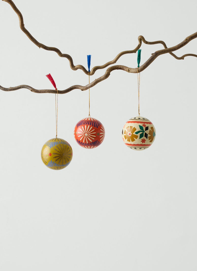 Stencil Floral Hand Painted Bauble | Ecru/Ochre/Emerald