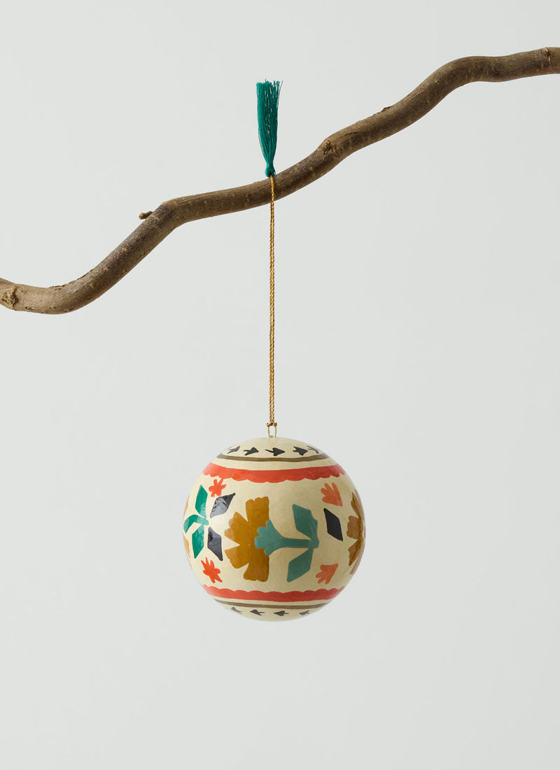 Stencil Floral Hand Painted Bauble | Ecru/Ochre/Emerald