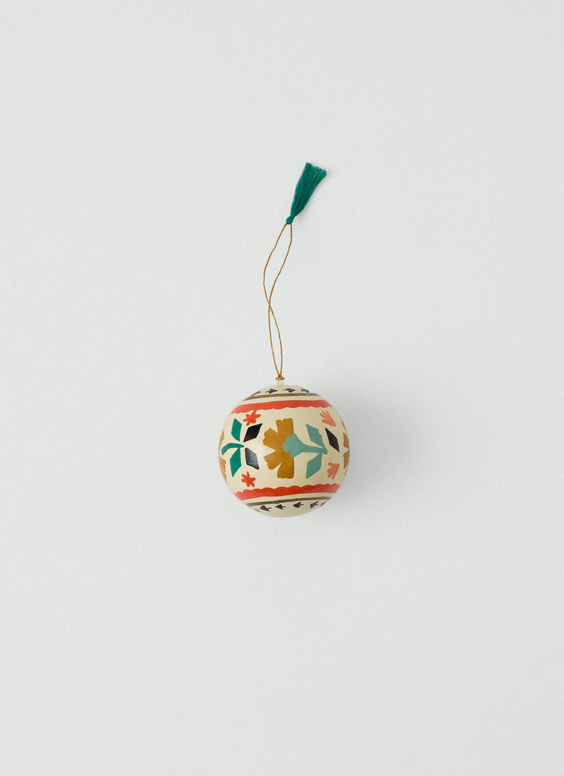 Stencil Floral Hand Painted Bauble | Ecru/Ochre/Emerald