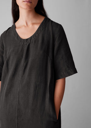 Scoop Neck Garment Dyed Linen Dress | Black Coffee