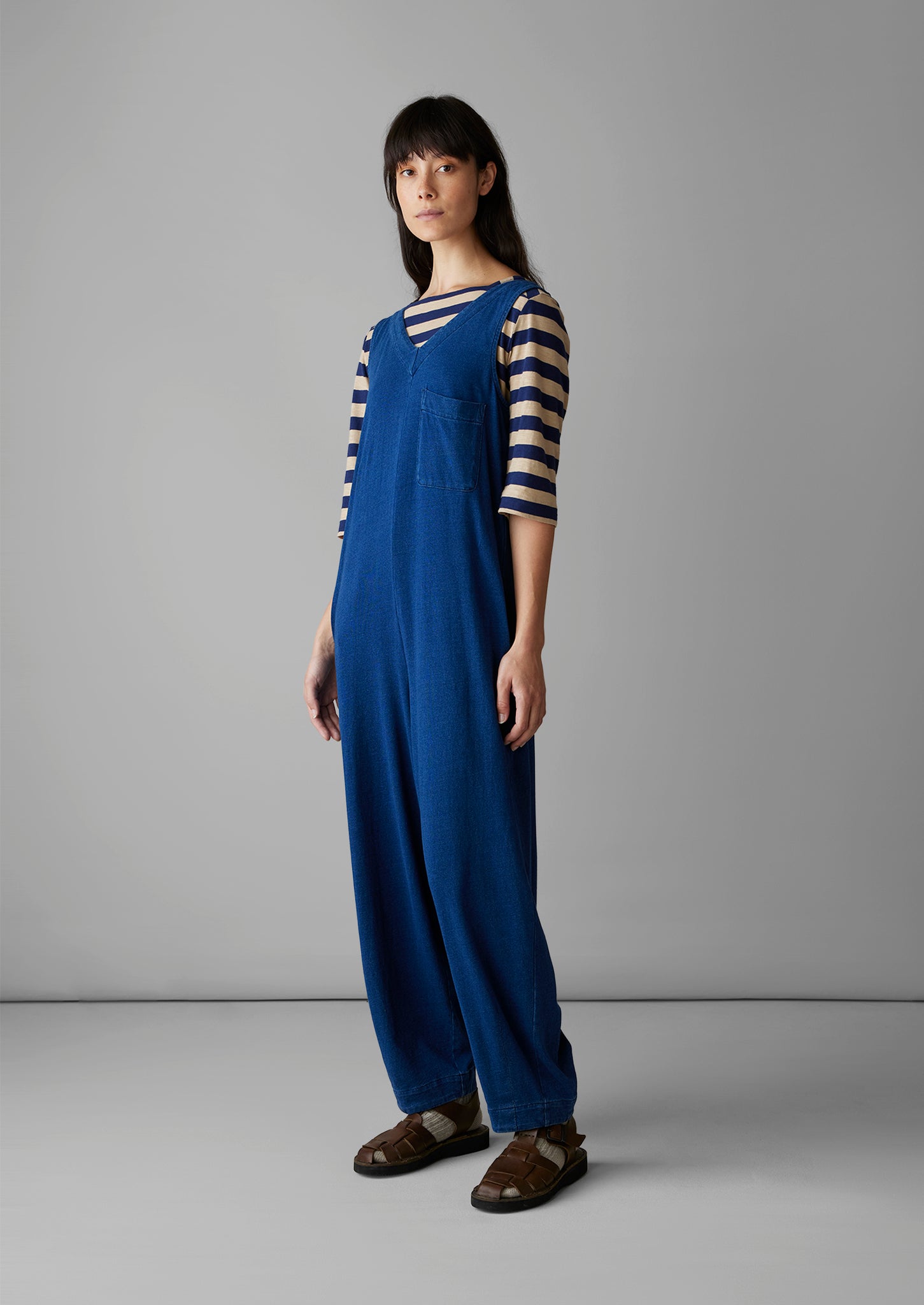 V-Neck Organic Cotton Jersey Jumpsuit | Washed Indigo