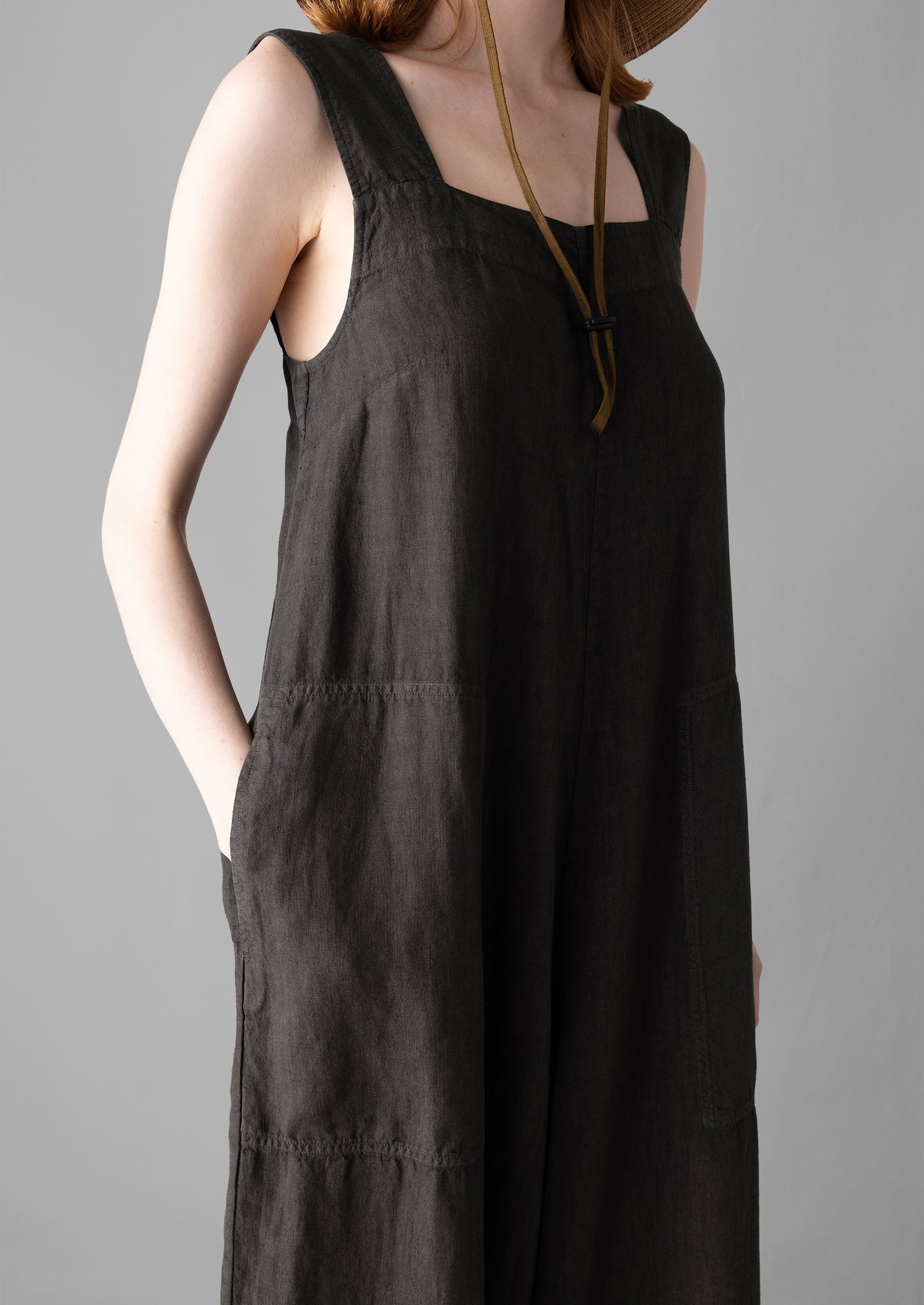 Garment Dyed Linen Pinafore Jumpsuit | Black Coffee