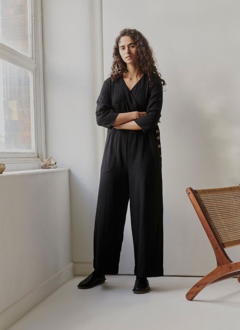 Brushed Cotton Linen Herringbone Jumpsuit | Slate