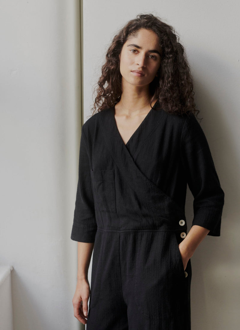 Brushed Cotton Linen Herringbone Jumpsuit | Slate