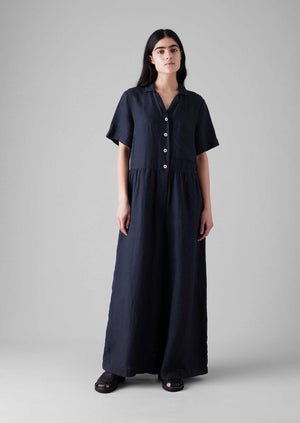 Gathered Waist Linen Jumpsuit | Midnight