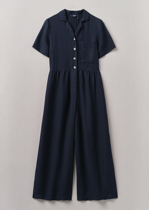 Gathered Waist Linen Jumpsuit | Midnight