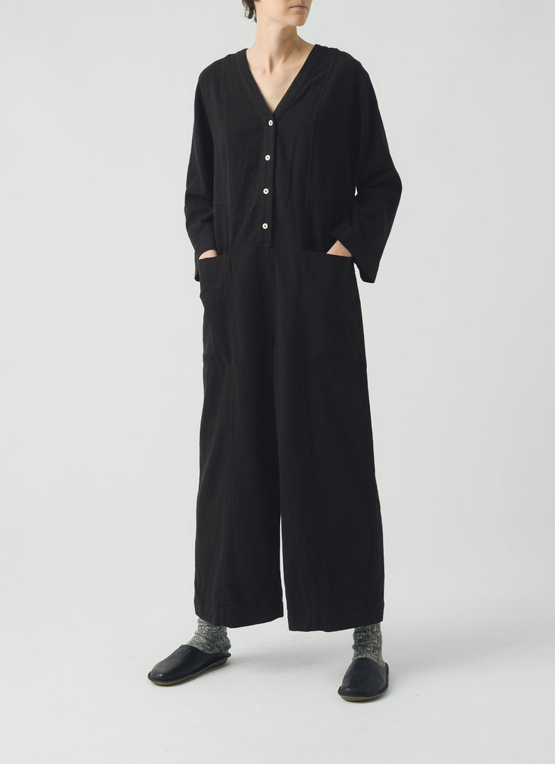 Brushed Linen Cotton Herringbone Jumpsuit | Slate