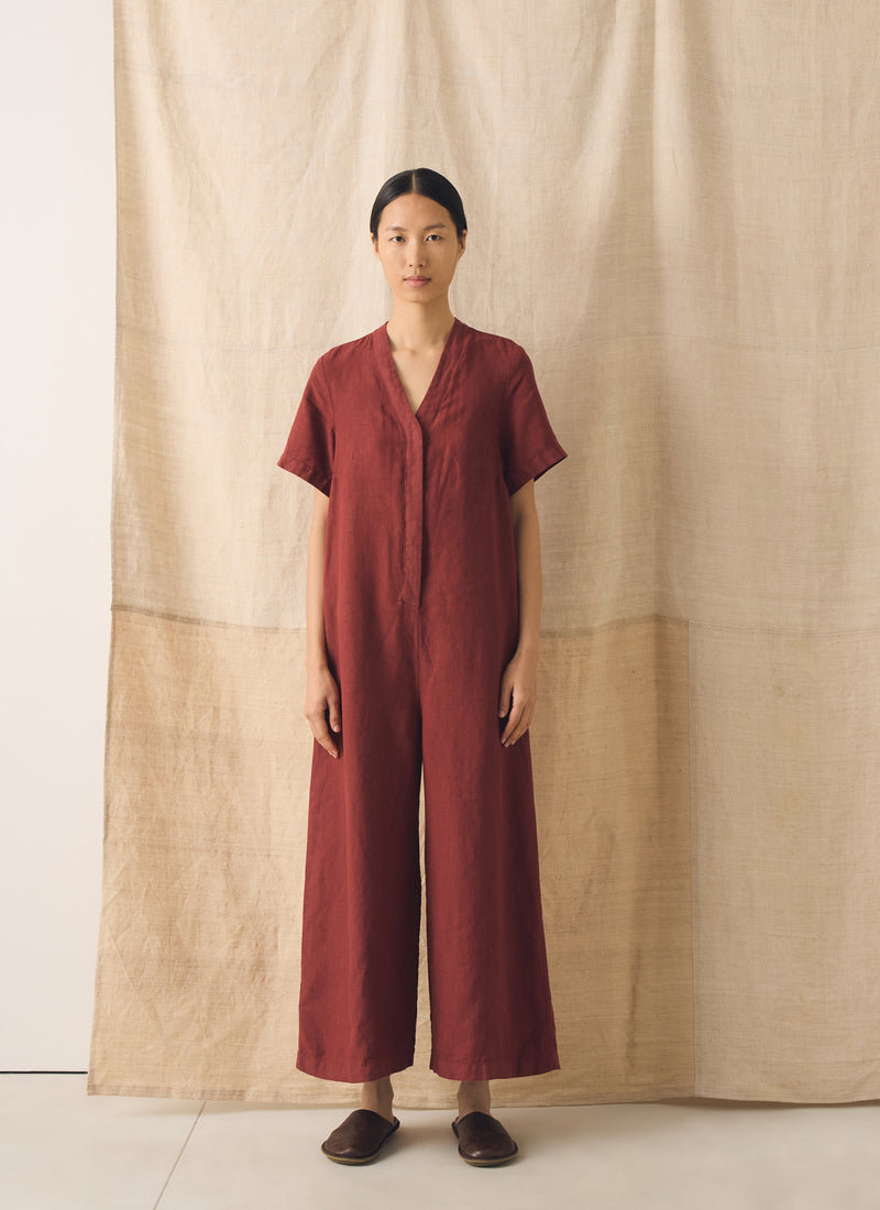 V Neck Garment Dyed Linen Jumpsuit | Tomato Red