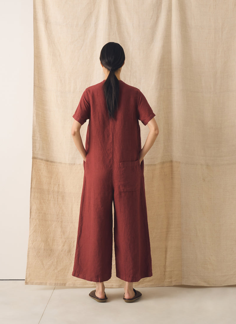 V Neck Garment Dyed Linen Jumpsuit | Tomato Red