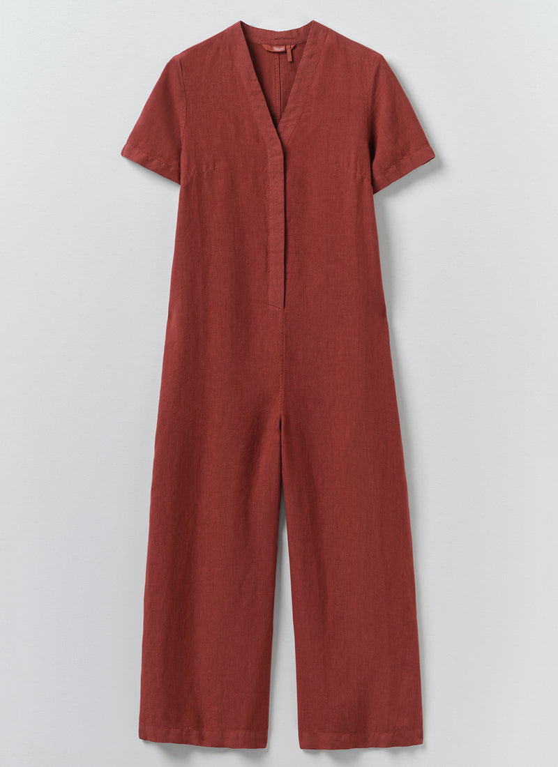 V Neck Garment Dyed Linen Jumpsuit | Tomato Red